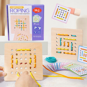 Montessori wooden lacing toy set with colorful laces and pattern cards