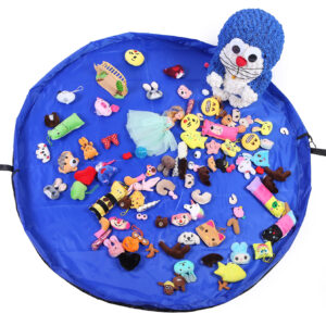 Oversized waterproof toy storage bag — drawstring play mat in blue, folded and in use with toys